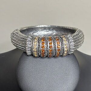 Silver Tone Citrine Garnet CZ Hinged Cuff Chunky Elegant Bracelet